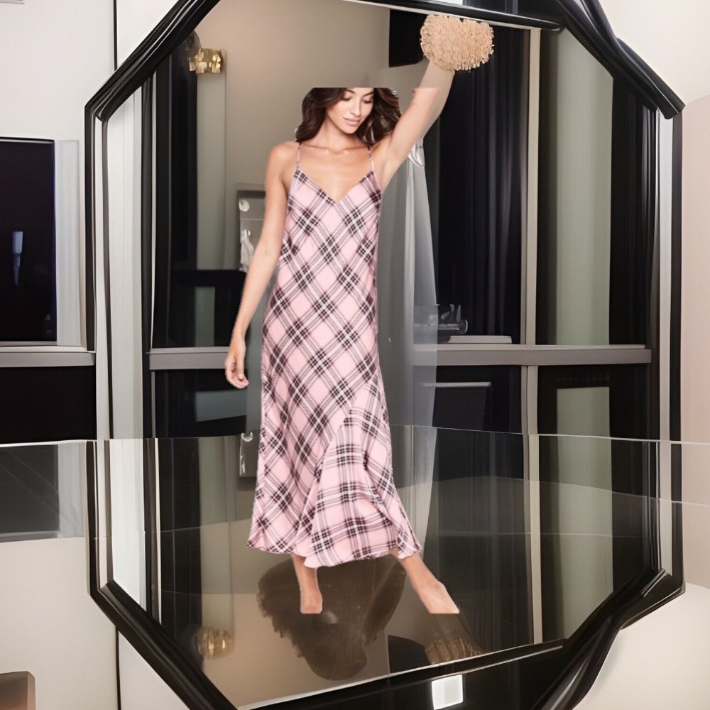Victoria Secret Backless Crisscross Straps Dusky Pink Plaid Long Slit Gown